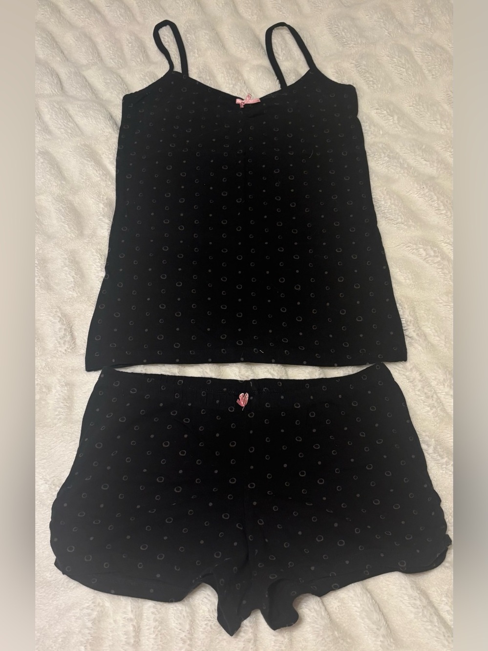 Xhilaration Black Polka Dot Cami & Short Sleep Set with Pink Bow